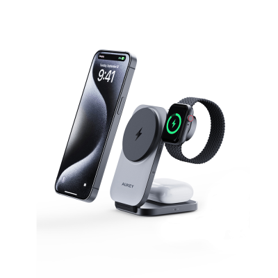 Aukey 3 in 1 Foldable Magnetic Wireless Charger - Gray