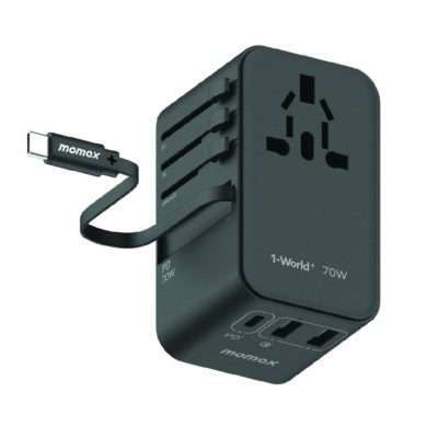 Momax Travel Adaptor 70W GAN3 Port & Built-in C Cable - Black