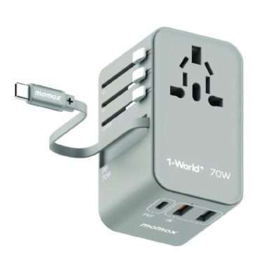 Momax Travel Adaptor 70W GAN3 Port & Built-in C Cable - Grey