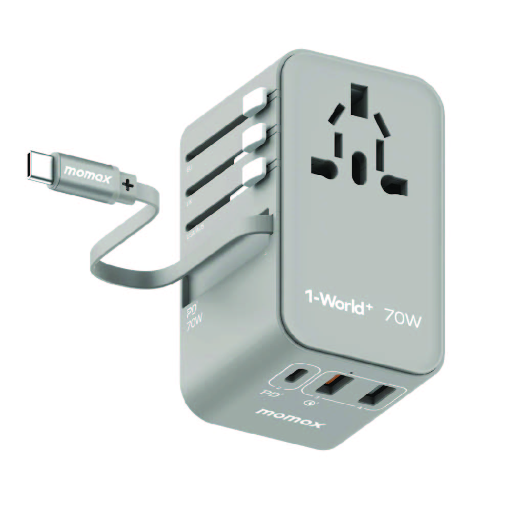 Momax Travel Adaptor 70W GAN3 Port & Built-in C Cable - Grey