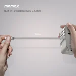 Momax Travel Adaptor 70W GAN3 Port & Built-in C Cable – Grey