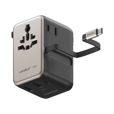 Momax World2+ 70W Gan 3-Port Dual AC Travel Adaptor - Titanium