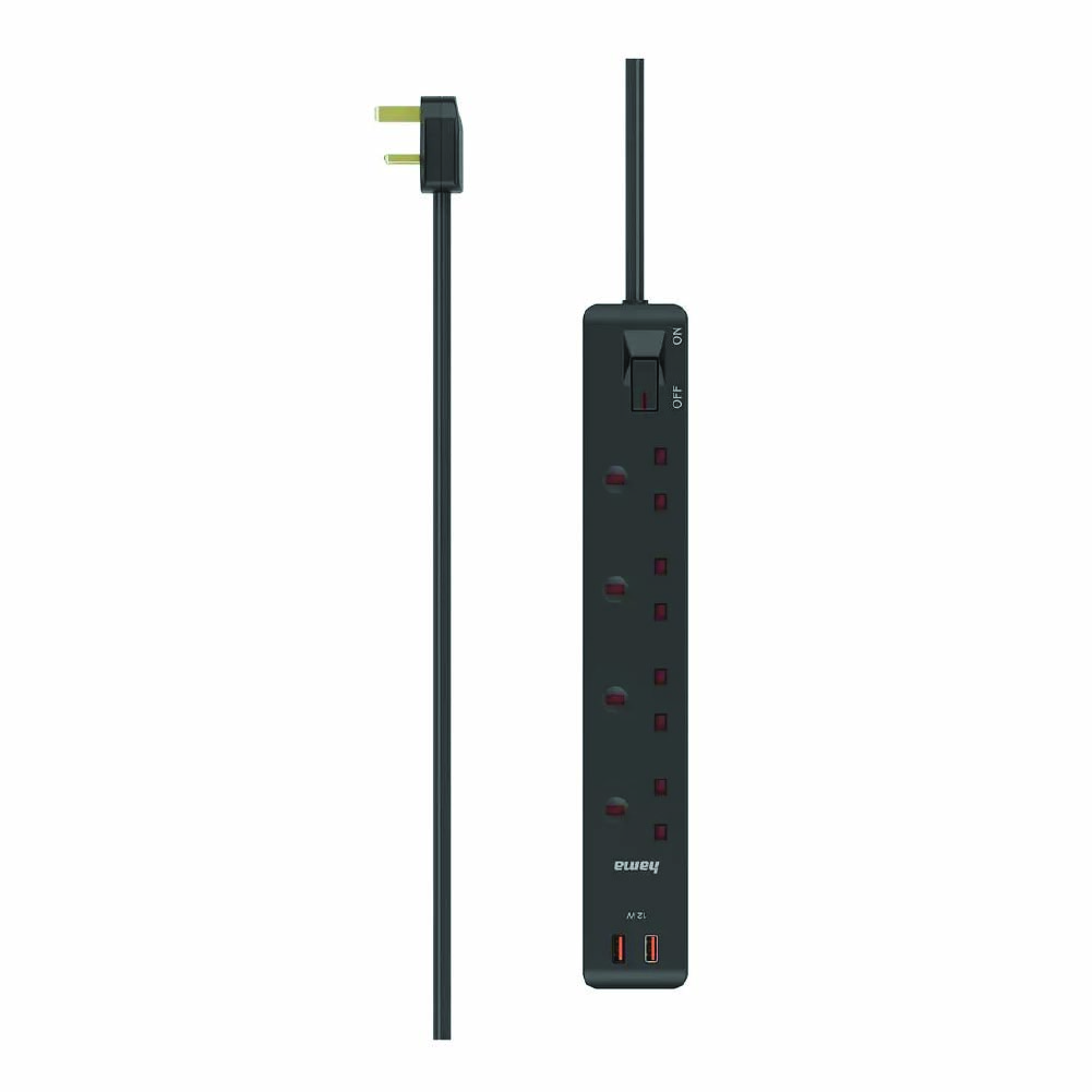 Hama Power Strip UK Plug 4Way+2X USB-A 1.5M - Black